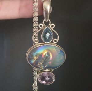 925 sterling silver pendant iridescent druzy blue topaz amethyst necklace
